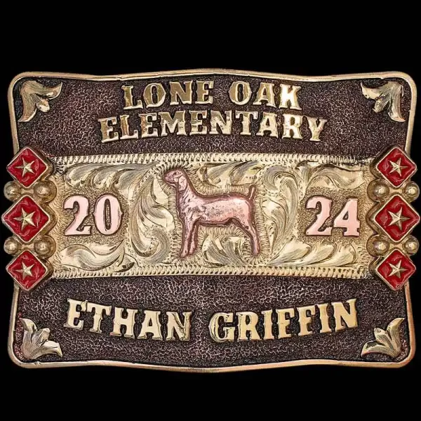 Celebrate your Kid's Accomplishments with the Bronco Belt Buckle! Crafted on a matted Jeweler's Bronze base with an antique finish. Detailed with stunning star elements, a solid edge, a hand engraved banner. 